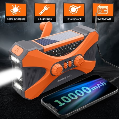|10000mAh| Emergency Radio Hand Crank Solar, NOAA Weather Radio Multiple Power Sources, Flashlight, Reading Lamp, Phone Charger, SOS Alarm, Portable AM/FM/WB Radio