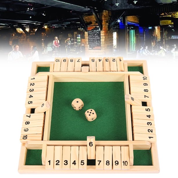 Shut The Box Dice Game - Wooden 4 Player Board Game With 10 Numbers & 8 Dice, Fun Math Strategy