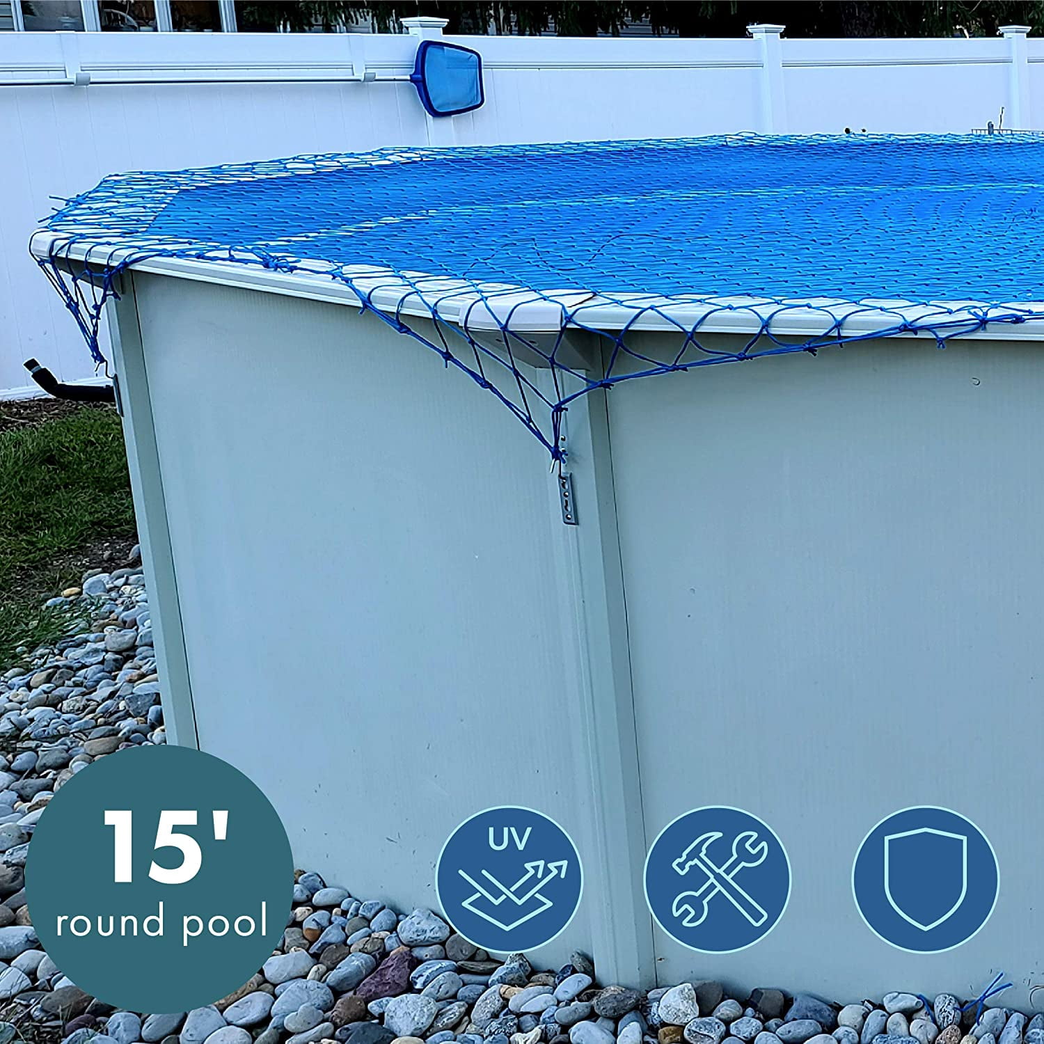 WaterWarden Aboveground Pool Net, 15’ Round, Blue – DIY System, For Kid Safety, Made of Durable UV Protected Polyethylene Material, WWN15, 15'