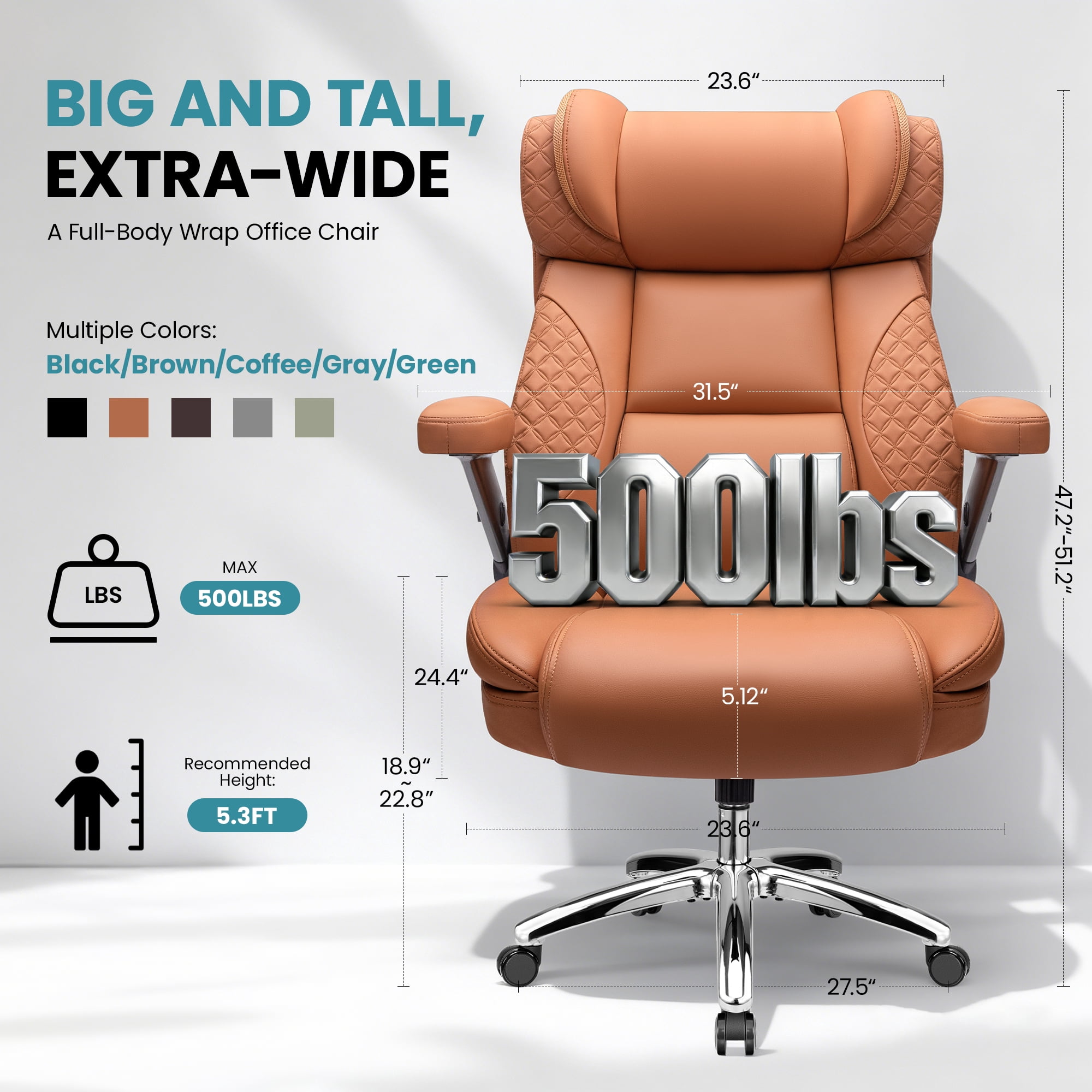 FASTES Leather Office Chair Big and Tall Desk Office Chair, 500lbs Computer Chair Ergonomic Extra Wide Gaming Chair with Adjustable Lumbar Support 5D Flip Arms,Brown
