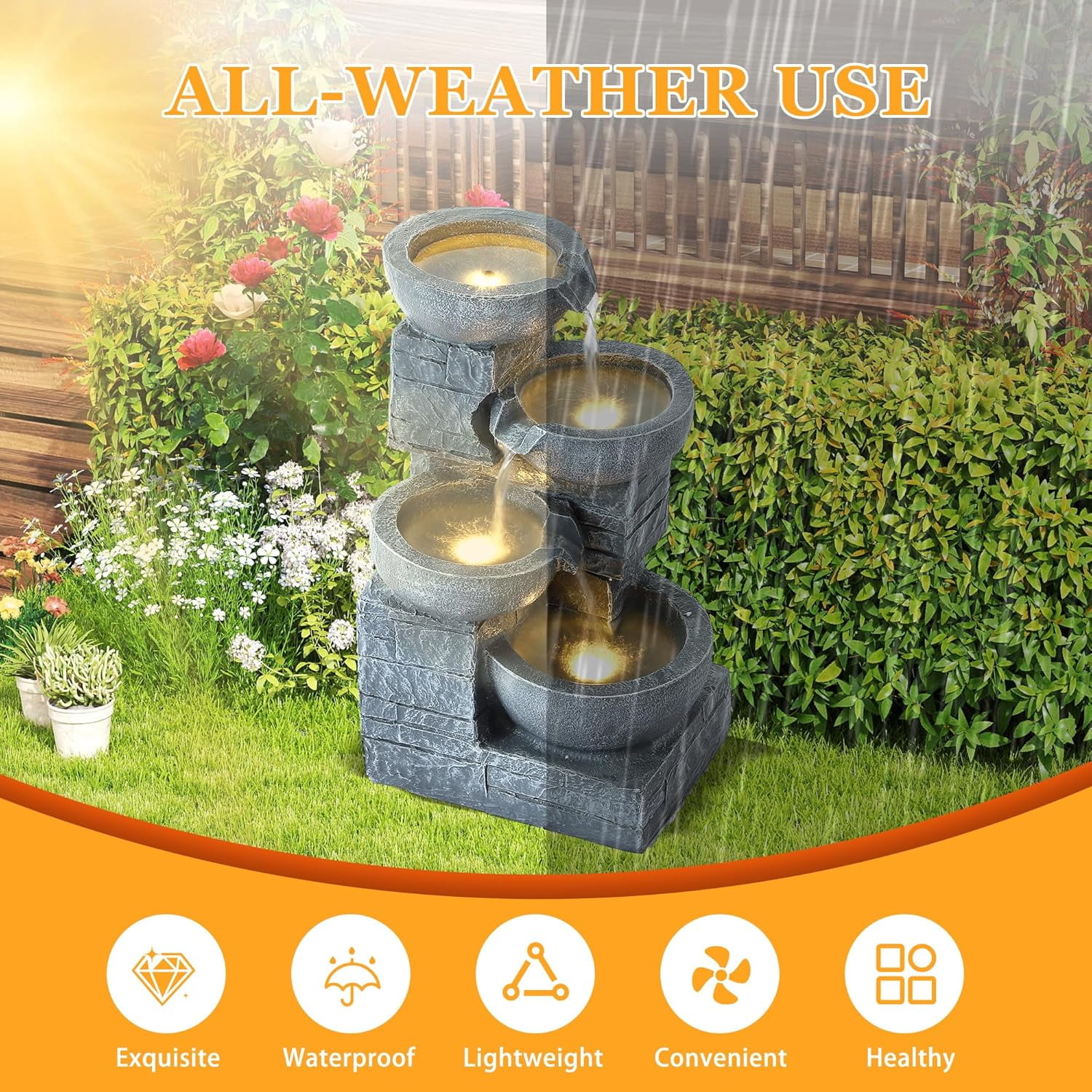 Haverchair 21.9" Outdoor Water Fountain with LED Lights, 4-Tier Bowl and Stacked Stones Garden Fountain, Modern Cascading Waterfall Fountains for Garden, Patio, Backyard, Porch and Home Decor