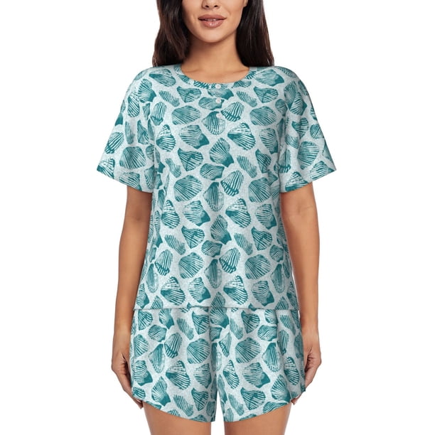 Balery Teal turquoise shell Conjunto de Pijama para Mujer con Estampado, Dos Piezas de Manga Corta y Shorts, Ropa de Dormir Suave con Cuello Redondo y Bolsillos-XX-Large