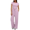 thumbnail image 2 of Two Piece Sets for Women Summer Casual Outfit Sets Solid Color Button Down Round Neck Short Sleeve Tops and Drawstring Wide Leg Pants with Pocket Sets Relaxed Vacation Wear, 2 of 9