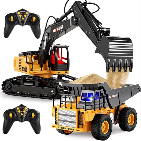 JoyStone RC Construction Vehicles Toy Set for Kids, 2.4Ghz Alloy RC Excavator and Dump Truck Toy with Light/Sounds/Auto Demo, RC Car Toys Gifts for Toddlers Boys