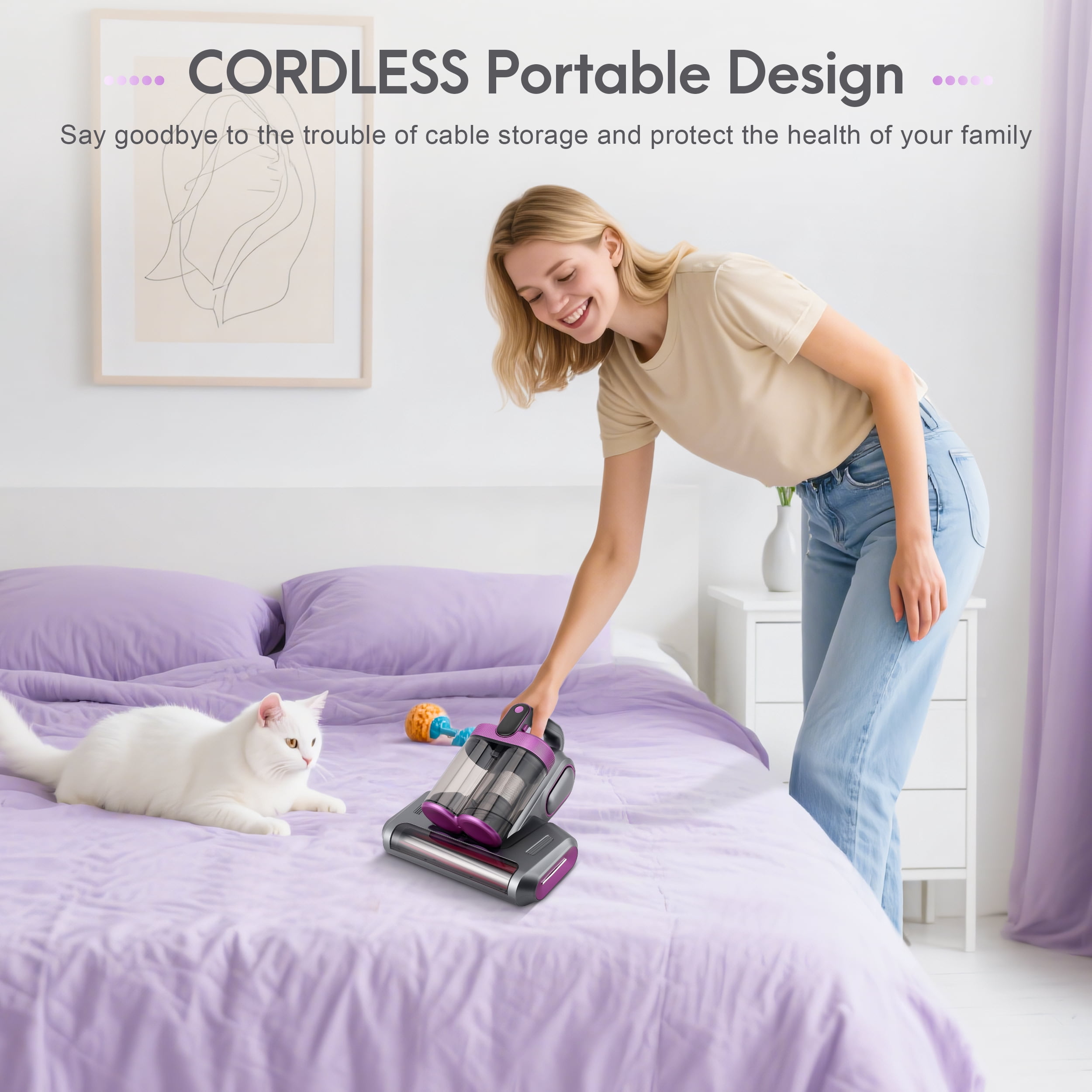 AMTPM 17KPa Cordless Mattress Vacuum Cleaner with UV Care & 40,000RPM Beating - 520ml Dustbin, USB Rechargeable for Bed, Pet Hair, Allergen Removal (Deep Cleaning)