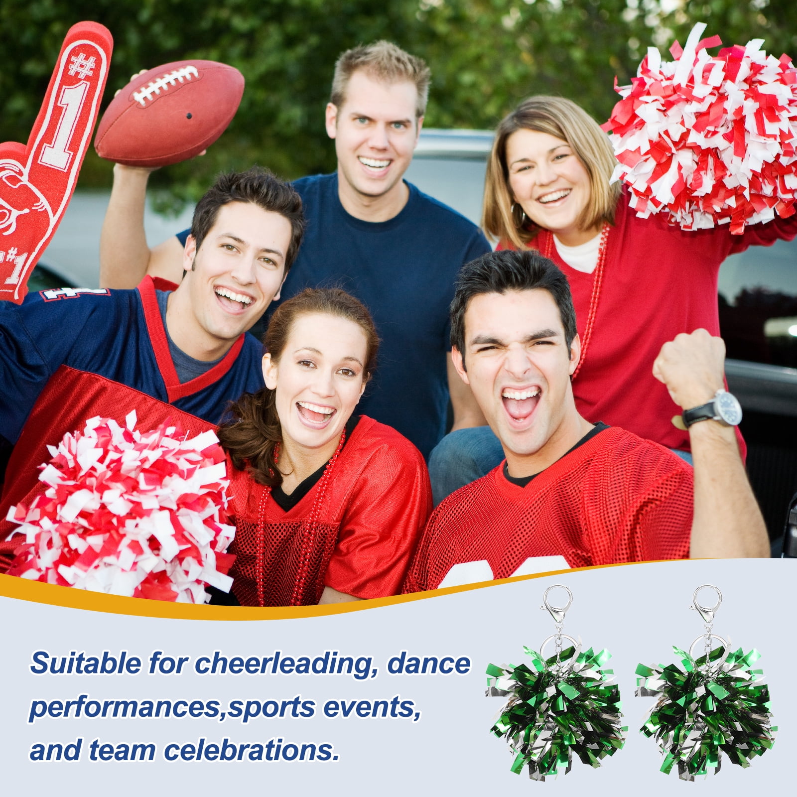 Uxcell 20 Pcs Cheer Pom Pom Keychain, Cheerleading Gift Charm Plastic Keyring Bulk for Cheerleaders Team Women Sports Events Cheer Accessory Supplies, Green/Silver Tone