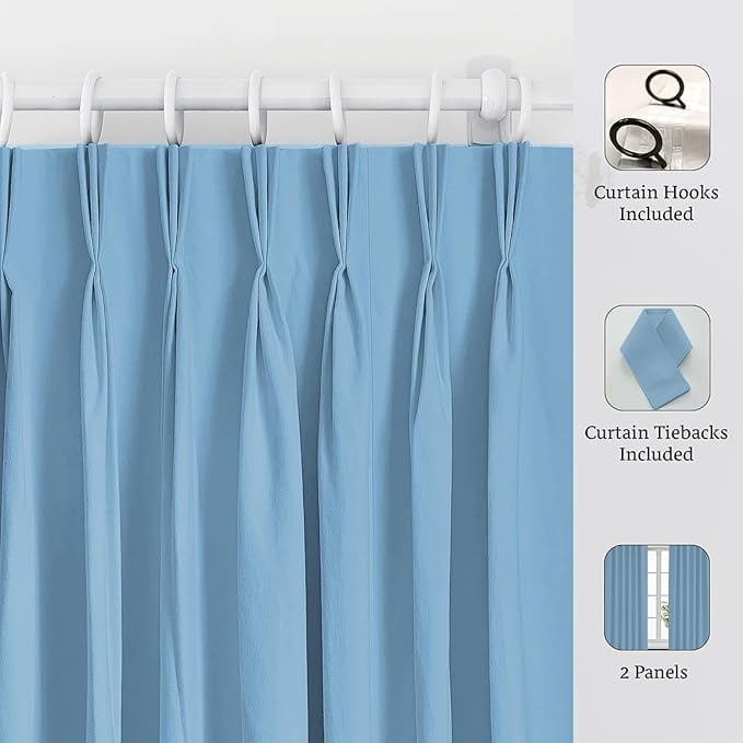 Homi Drapes Triple Pinch Pleated Blackout Curtains Thermal Insulated Room Darkening Drapes for Bedroom/Livingroom Along with 2 Panels,Tiebacks,Hooks (Aqua Blue, 52"x63")