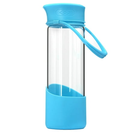 Drinking Glass Bottles Secret Smiley Face Cup Happy Motivational Drinking Borosilicate Glass Water Bottle with Silicone Sleeve Cover & Handle Twist Screw Lid - 17 oz in Blue ()