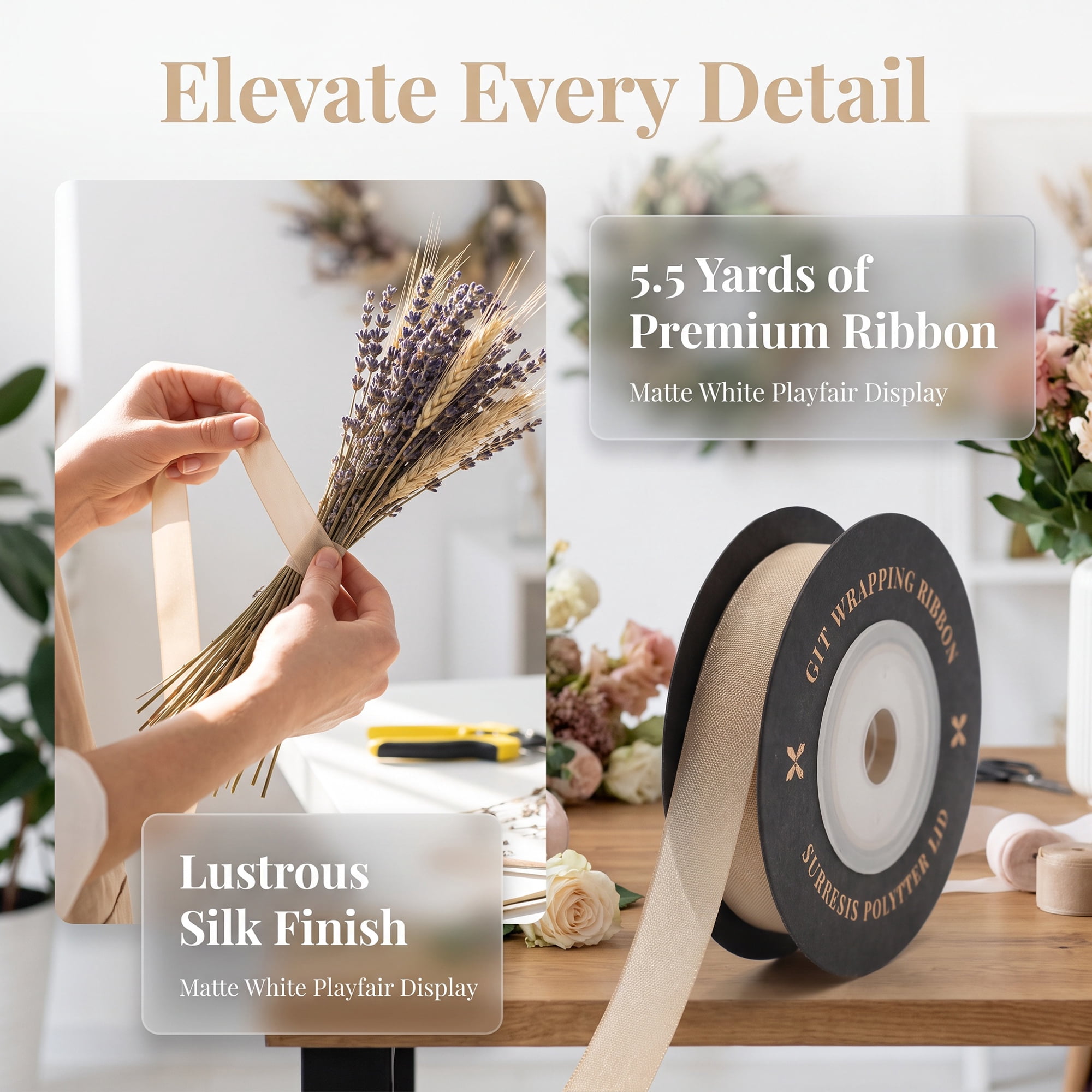 Unique Bargains Elegant Satin Ribbon for Gift Wrapping Champagne 5.5 Yard