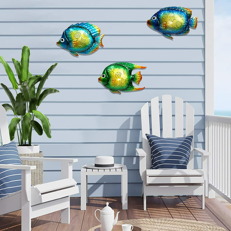 YHDSN Metal Fish Wall Decor - Coastal Ocean Sea Hanging Art Decoration for  Indoor/Outdoor - Nautical Tropical Starfish Shells Conch Beach Sculpture