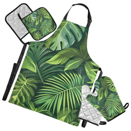 Palm Leaves 5 Pcs Kitchen Set Heat Resistant Oven Mitts and Non-Slip Pot Holders with Adjustable Cooking Apron