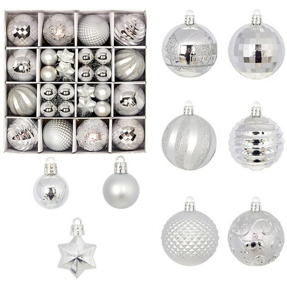 Christmas Ball Ornaments, Silver Large Shatterproof Hanging Decorations, 1 Pack Festive Gift Box Set with Assorted Textured Shapes, For Xmas Tree Home Party Holiday Seasonal Decor