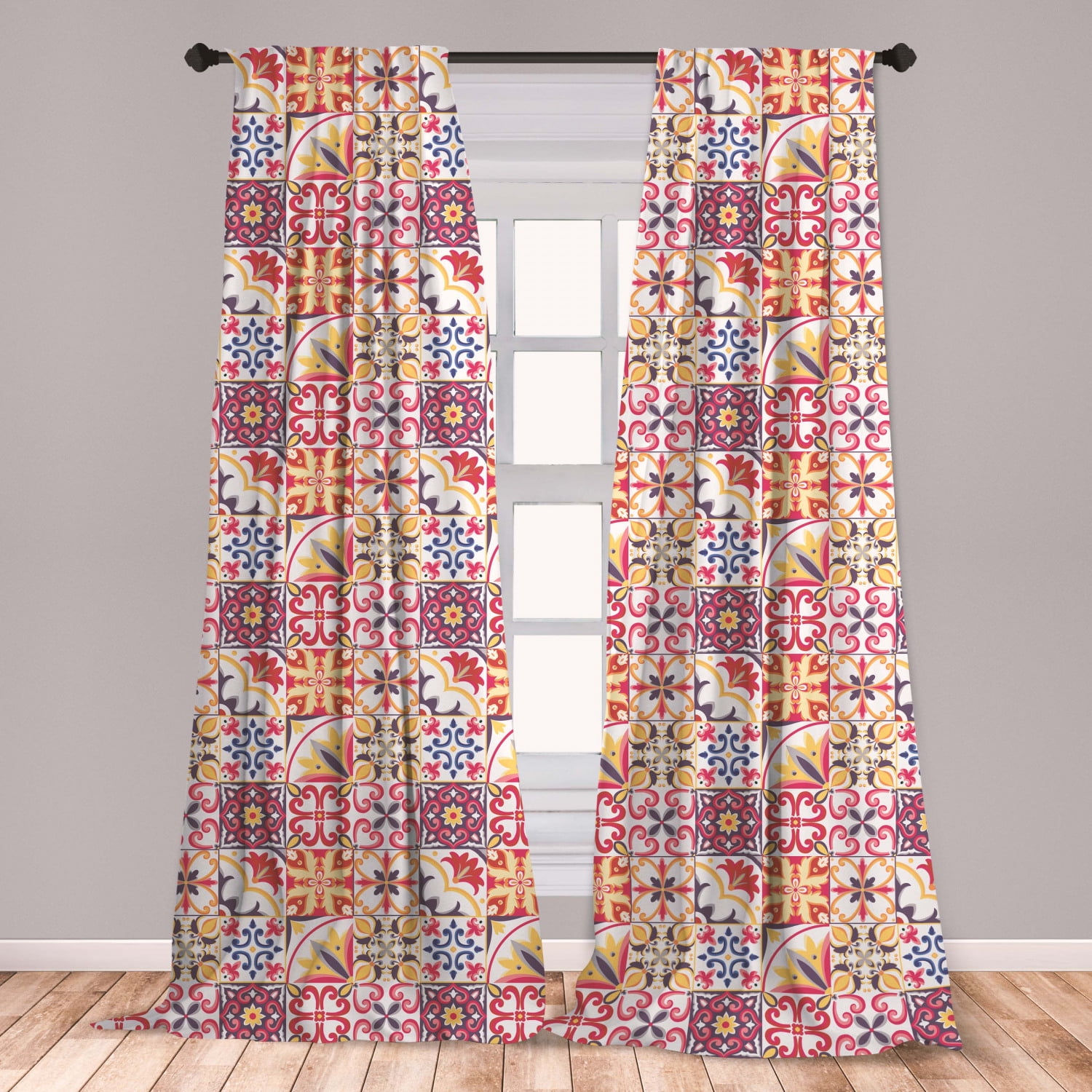 Moroccan Curtains 2 Panels Set, Italian Culture Inspired Floral