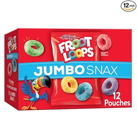 Kellogg's Froot Loops Jumbo Snax Cereal Snacks, Kids Snacks, Fruit Flavored, Original, 5.4oz Box (12 Pouches)
