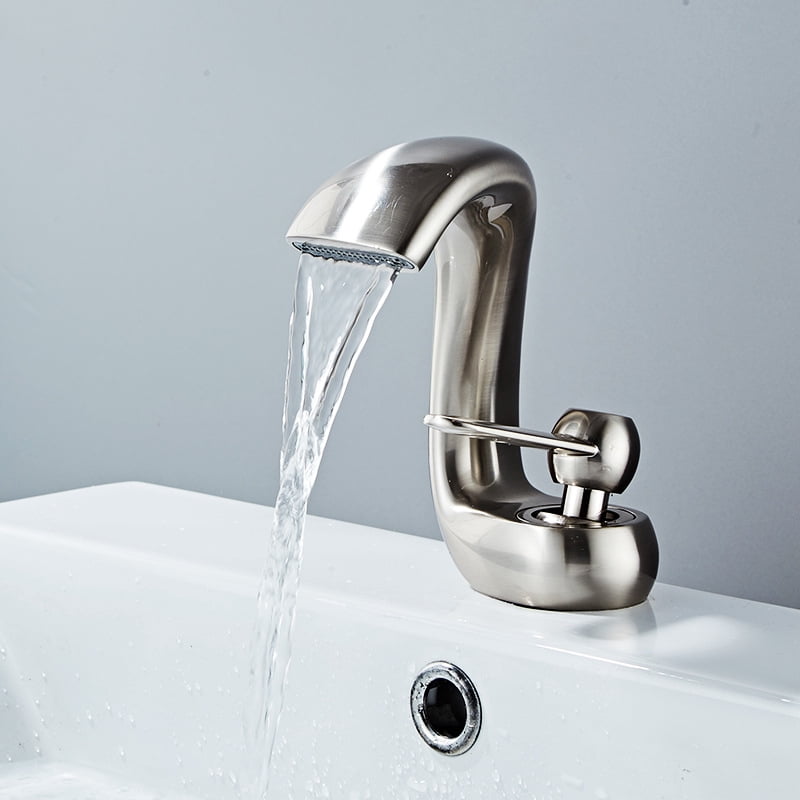 SOKNARKU Bathroom Sink Basin Waterfall Faucet Brass Deck Mount Single Hole Single Handle Cold And Hot Mixed Modern Creative Design Tap Including Two US Standard 3/8 Hoses Brushed Nickel