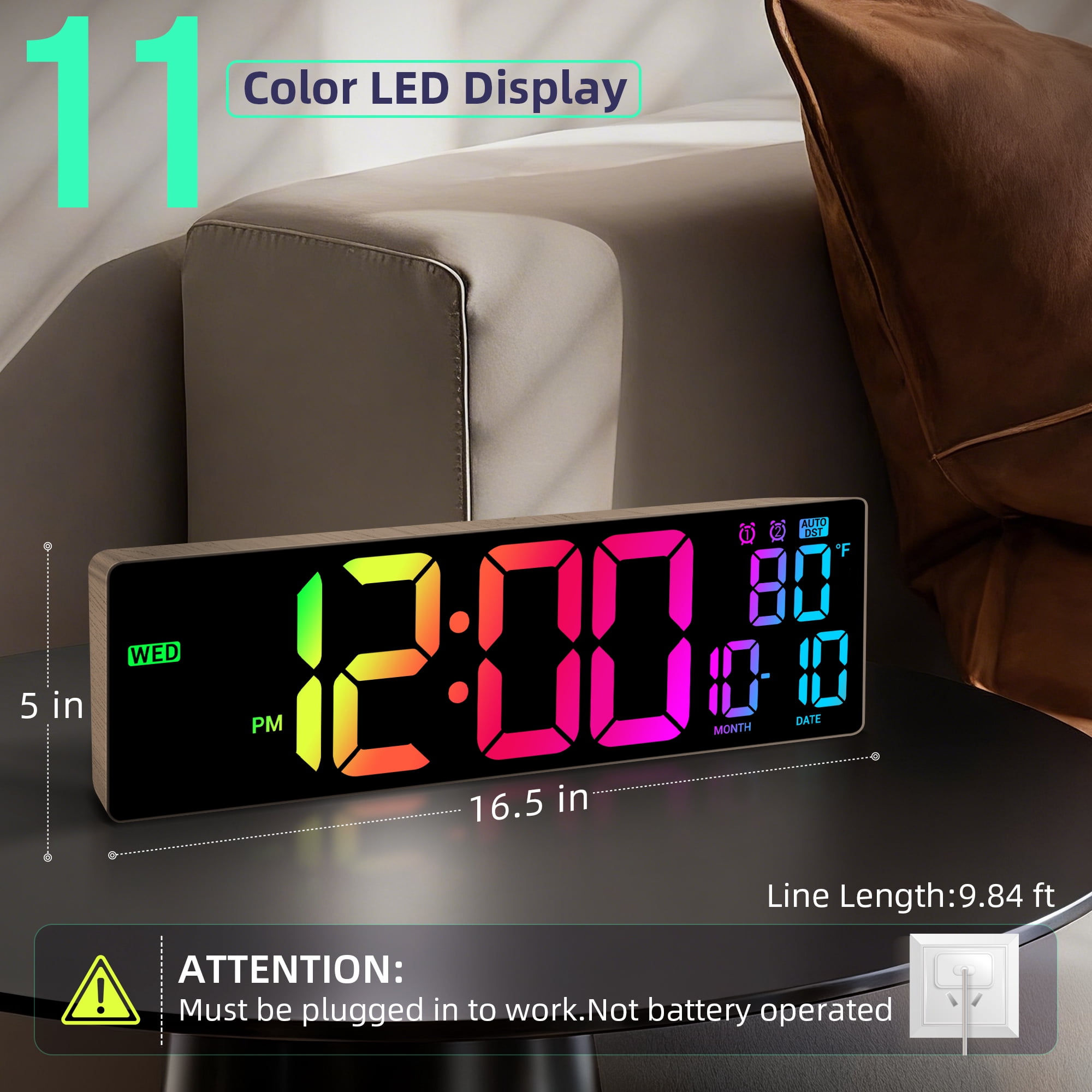 16.5" Large Digital Wall Clock: 11 RGB Color LED Display with Remote Control, Auto DST, Temperature & Date, Big Number Wall Clock for Seniors, Classroom, Office, Gym, Home Decor Brown