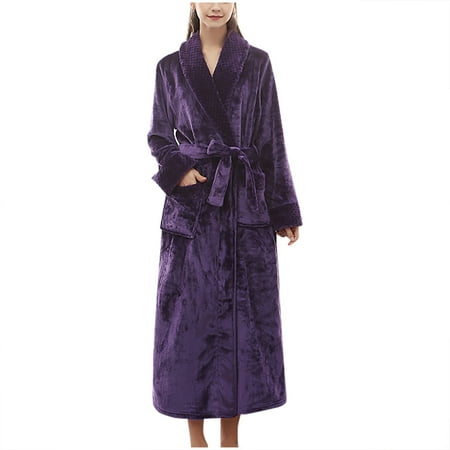 

Women Mens Winter Long Plush Robe with Belt V Neck Long Sleeve Fuzzy Warm Fleece Bathrobe Soft Sleepwear Nightgowns