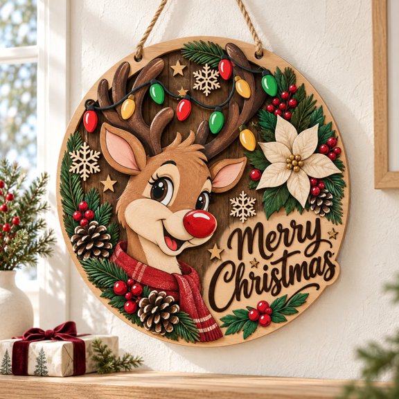 Door Hanger Reindeer Merry Christmas Wooden Door Decor Holiday