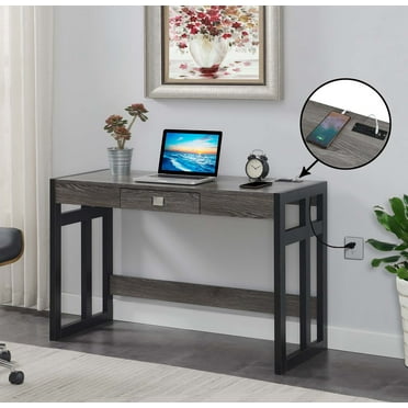 Convenience Concepts 47.25" Monterey Desk with Charging Station, Weathered Gray/Black, All Ages