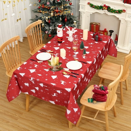 

ZACOO 60 x84 Red Christmas Tablecloth Rectangle Winter Holiday White Xmas Deer Tree Pattern Table Cover Xmas Table Decorations for Home Dining Room Party