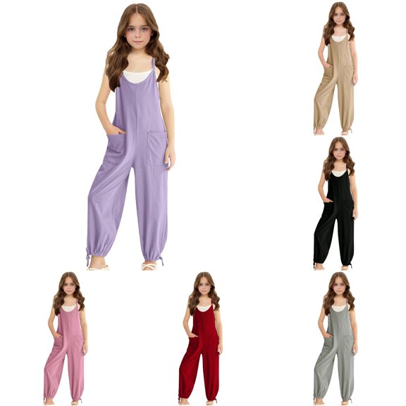 TBWNWG Girls Sleeveless Jumpsuit With Adjustable Spaghetti Straps Side Pockets Casual Summer Romper for Big Kids Comfortable Pull On Play Outfit,Size 7-8 Years