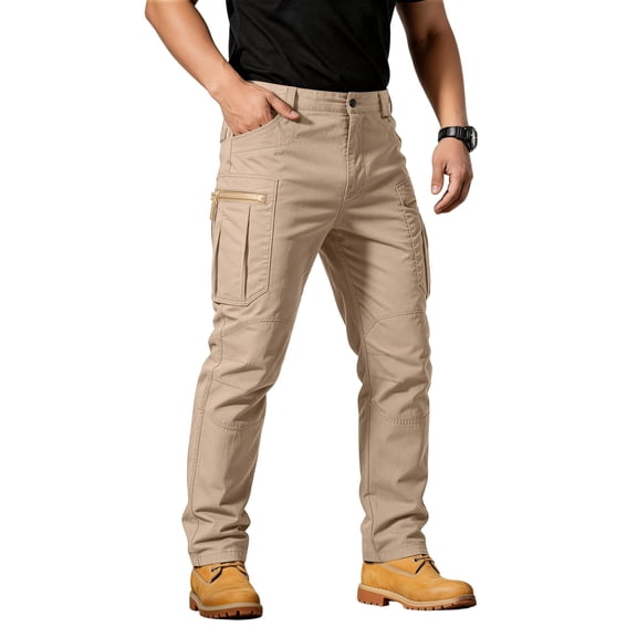 HKYNLAG Tactical Cargo Pants for Men Relaxed Fit Waterproof Hiking Pants Ripstop Durable Construction Work Pants with Pockets Khaki M