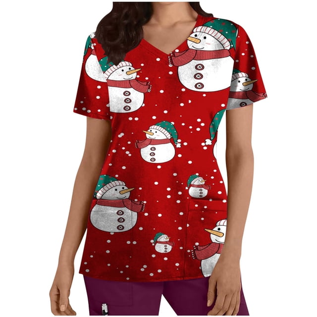 Fiudx Ofertas Relámpago Top de Chaqueta de Trabajo Protectora con Bolsillo de Manga Corta y Estampado Navideño con Cuello En V para Mujer