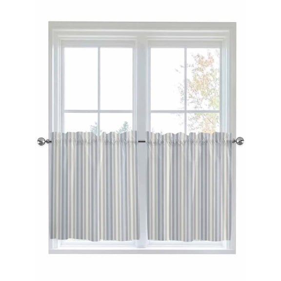 Vintage Stripes 2 Panel Kitchen Curtains for Small Windows, Retro Minimalist Lines Pattern Light Blue Bathroom Tier Curtain, Short Window Treatment for Bedroom/Living Room 55"x24"