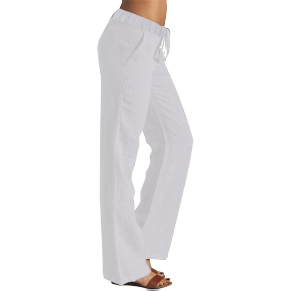 Summer Pants for Women Linen Pants Casual Straight Leg Elastic Waisted Pants Comfy Solid Long Trousers Pockets Womens Pants Casual & Wide Leg