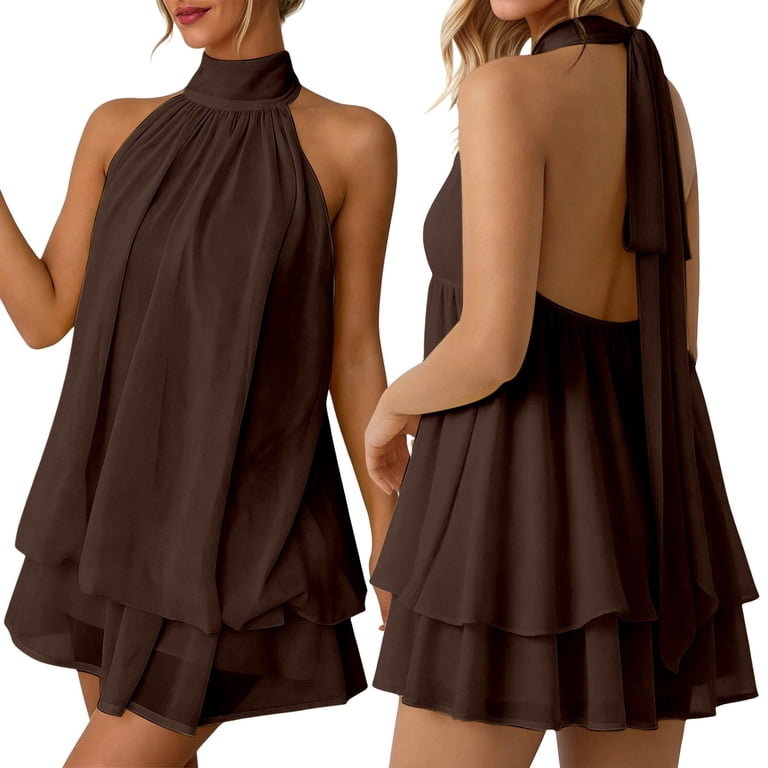 everyday short dresses Feyla Women's Solid Color Minimalist V-Neck Sleeveless Short Dress, Casual  Everyday Wear