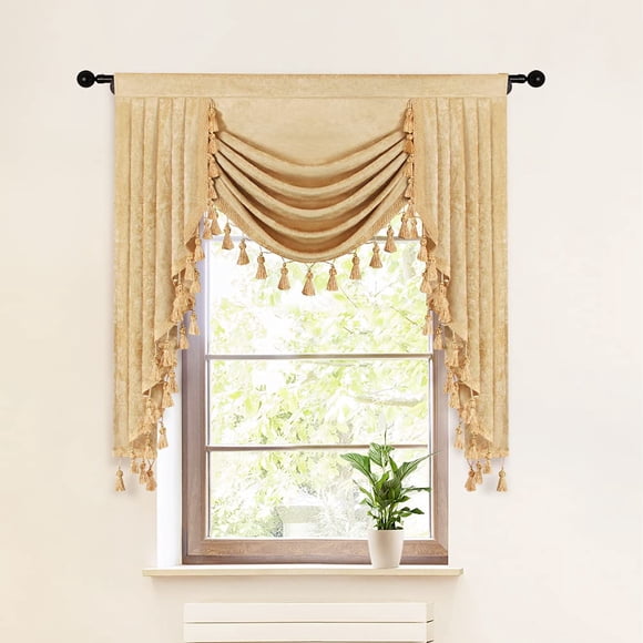 ELKCA Thick Chenille Window Curtains Valance for Living Room Luxury Gold Waterfall Valance for Bedroom,Rod Pocket (W39,1 Panel)