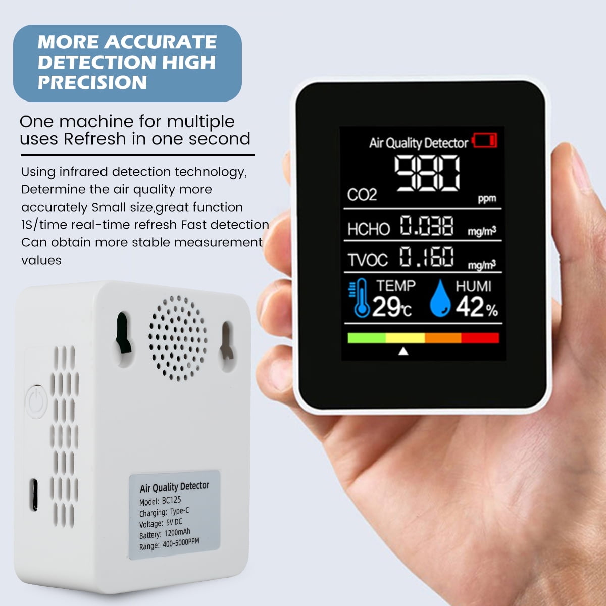 5 in 1 Air Quality Monitor CO2 Meter Carbon Dioxide Detector CO2 CO TVOC HCHO PM2.5 PM1.0 PM10 Temperature Humidity Detection