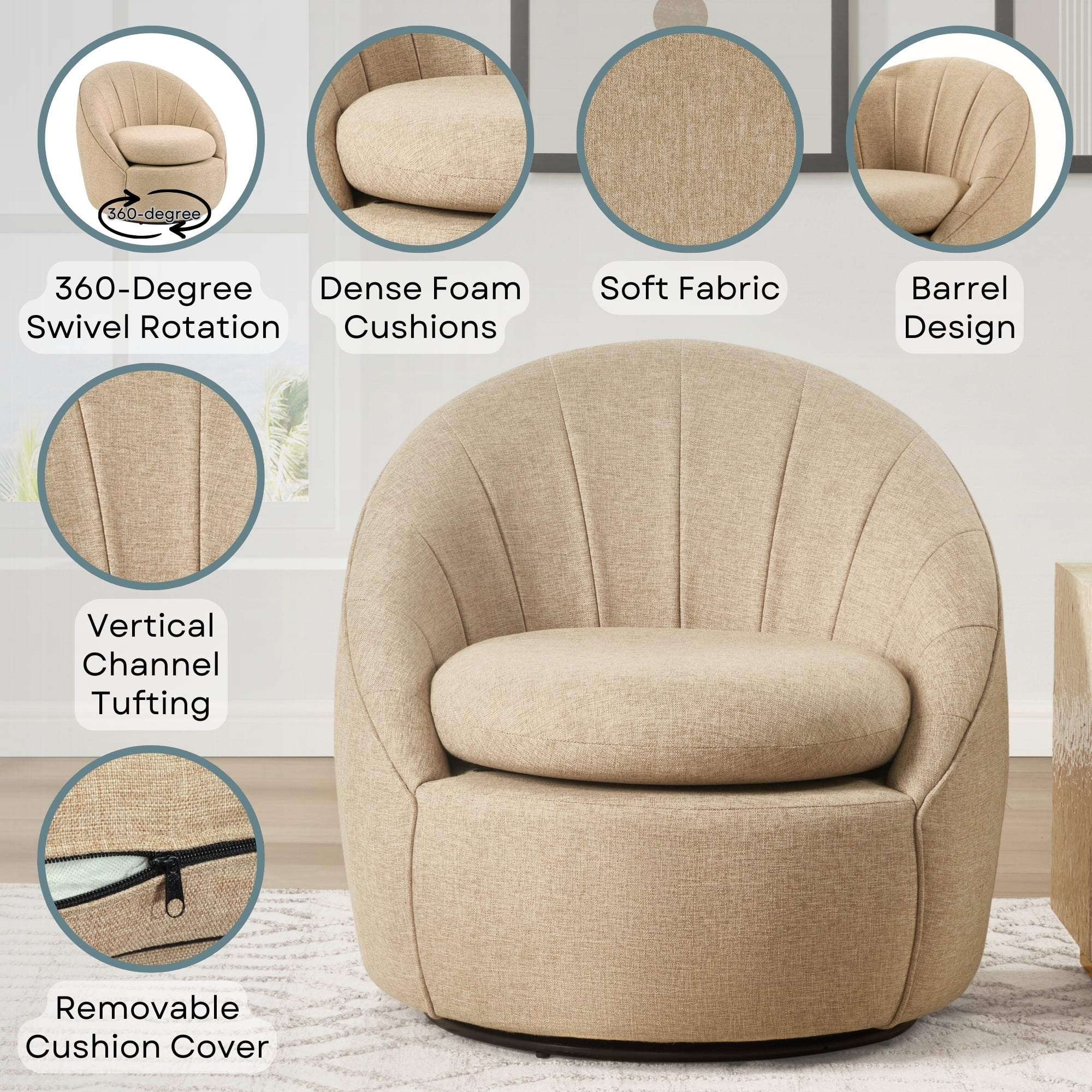 Convenience Concepts Take a Seat Ben Swivel Accent Chair, Tan Fabric