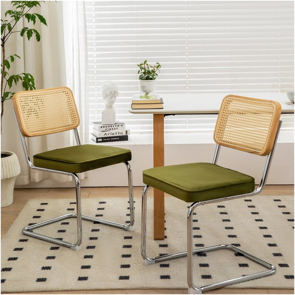 Olive Green Velvet Dining Chairs Set of 2, Modern Rattan Side Chairs with Chrome Metal Legs for Kitchen Dining Room