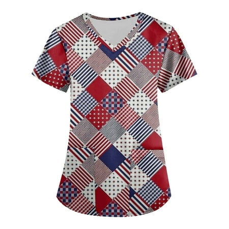 

QAZXD Womens Summer Independence Day Scrub Tops V-Neck Short Sleeve Graphic Prints Shirts Blouse Red 4XL