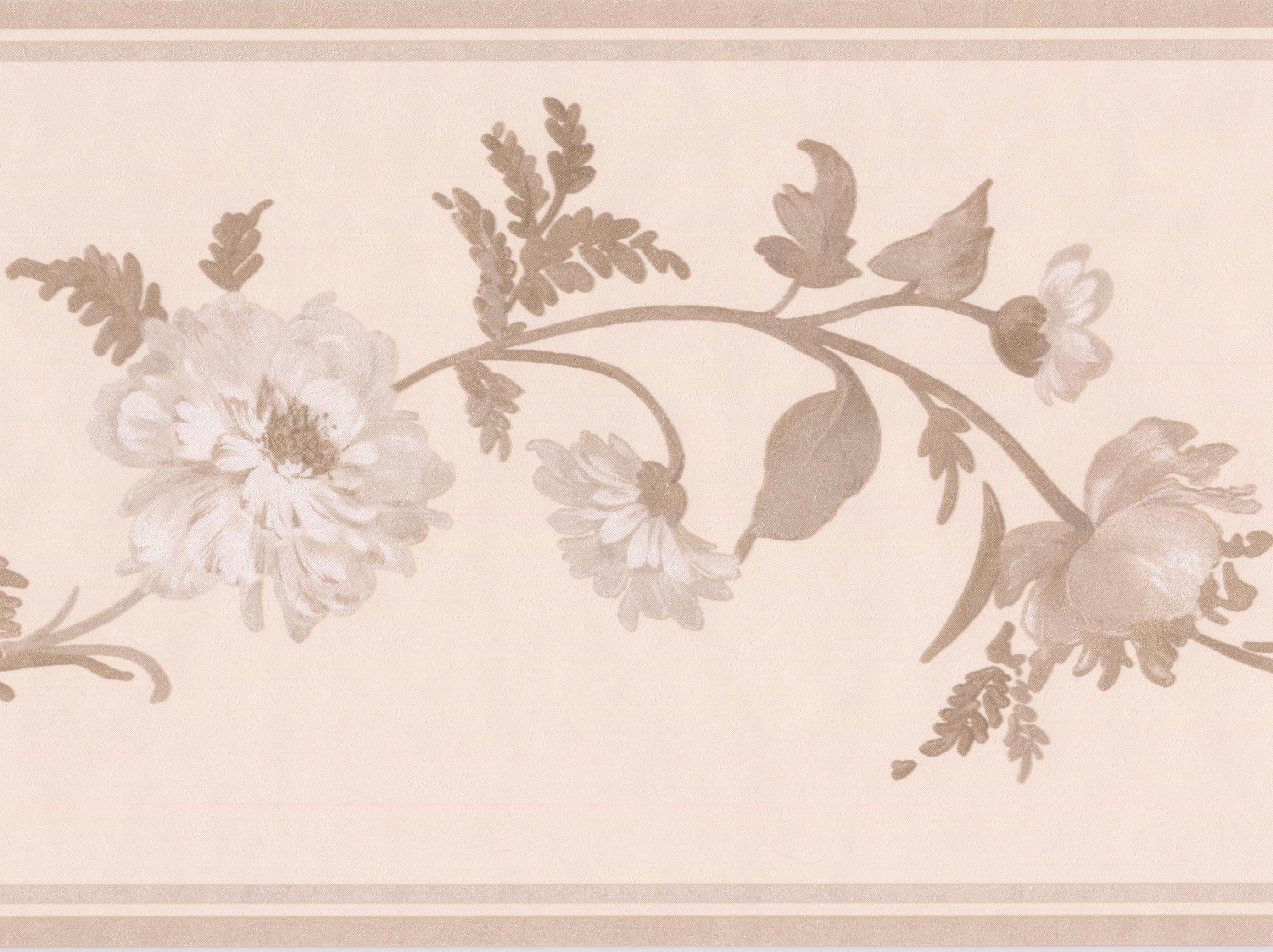 White Flowers on Grey Vine Ivory Floral Wallpaper Border Retro Design