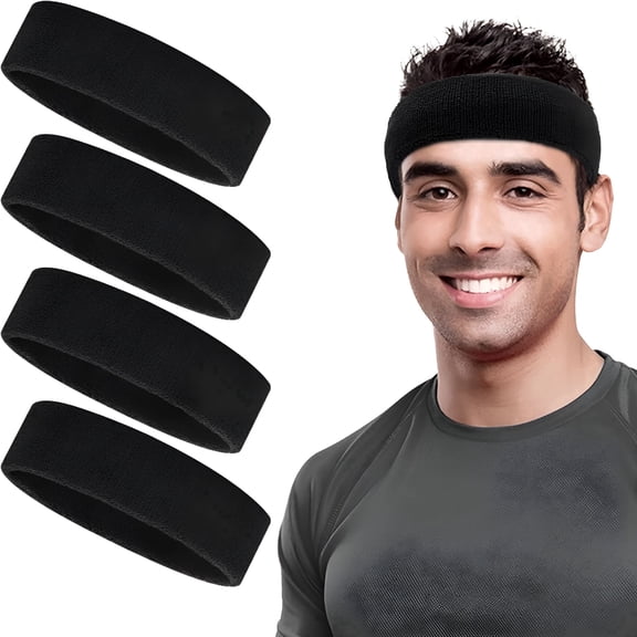OQRKI 4Pcs Sweatbands Set, Sports Headband for Men and Women, Cotton Sweat Head Bands, Moisture Wicking Athletic Terry Cloth Sweat Band for Tennis, Basketball, Football, Gymnastics, Working Out