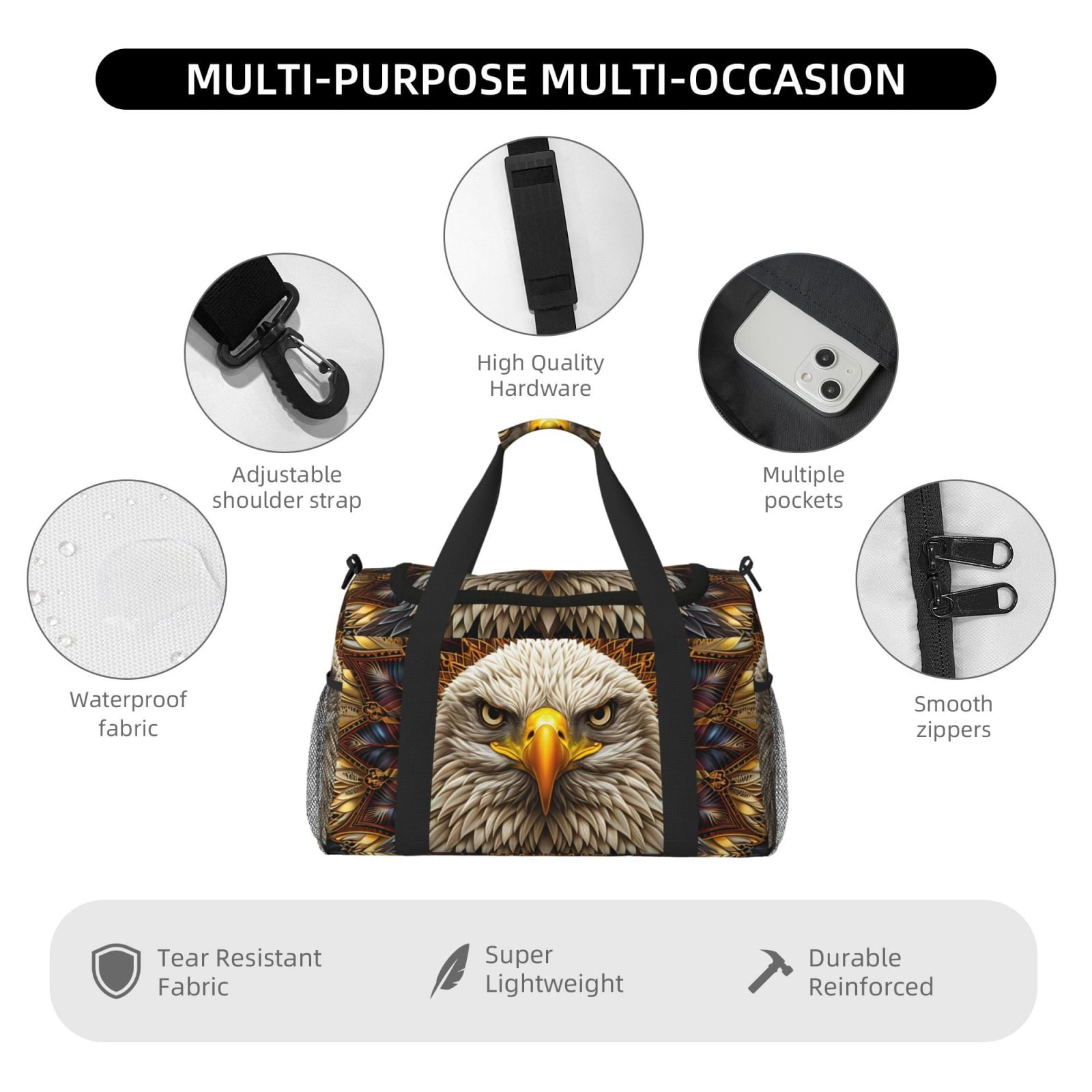 Fuzoiu Vintage Pattern Bald Eagle Print Travel Duffle Bag,Carry On Tote Bags,Duffel Bag,Sport Gym Bag, Hospital Bag for Labor and Delivery, Overnight Bag,Luggage Bag