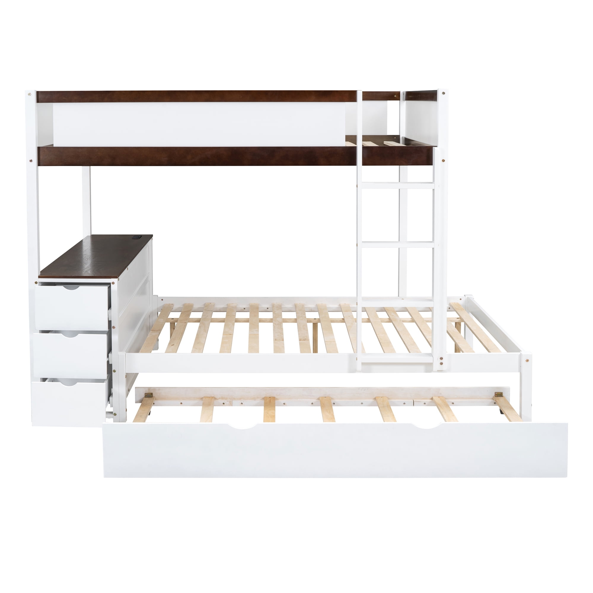 Aukfa Full Over Full Bunk Bed with Trundle and USB Charging Station, Wood Bed Frame with Build-in Desk&Storage Drawers for Kids Bedroom, White/Walnut