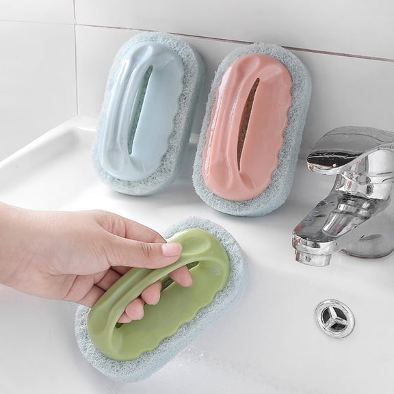 opvise Bathtub Wall Sponge Brush Strong Scouring Plastic Handle Washing Cleaning Tool Pink