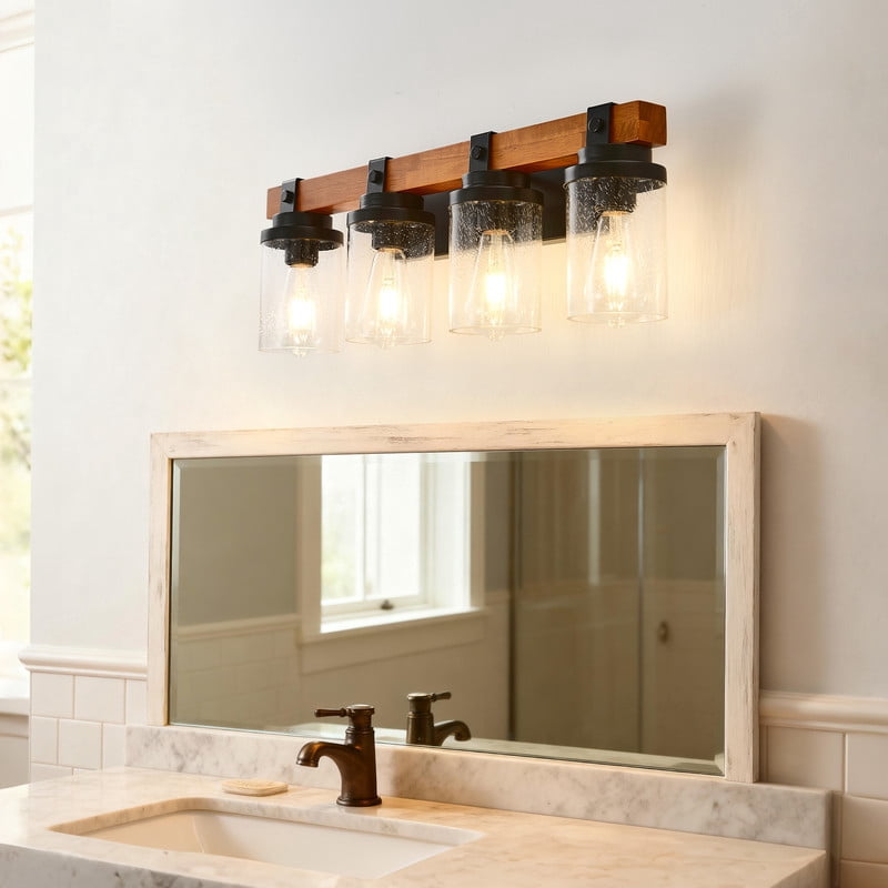 TICOZE 4-Light Matte Black and Wooden Wall Lamps with Glass Shade Vanity Lighting Fixtures for Dining Room Hallway Bedroom (Bulbs Not Included)
