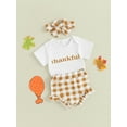 thumbnail image 3 of LMLYSoH Infant Girl Thanksgiving Jumpsuit Letter Short Sleeve Romper + Ruffled Plaid Print Shorts + Bow Headband, 3 of 9