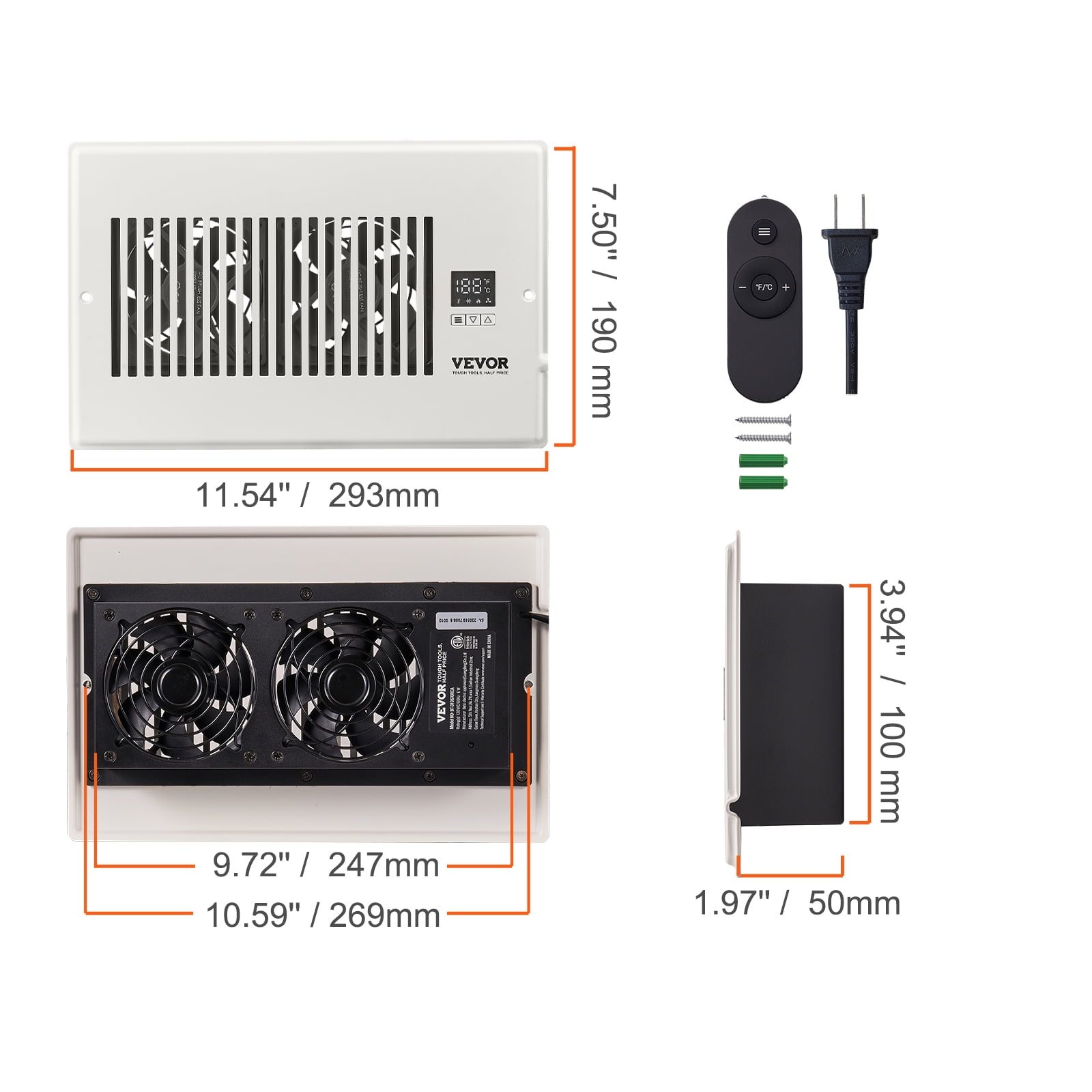 VEVOR Quiet Register Booster Fan 6 x 10”, Smart Register Vent with Thermostat Control, Heating & Cooling AC Vent Booster Fan, White