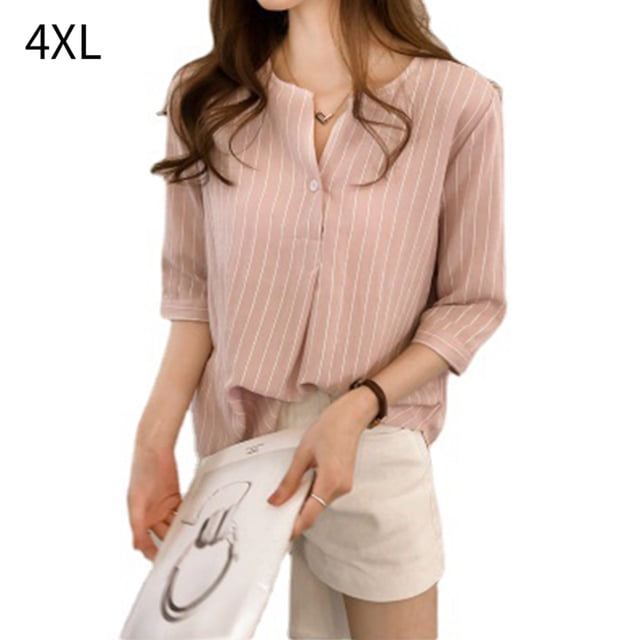 Camisa a rayas Blusa de verano para mujer Cuello redondo Top informal suelto, Rosa, 4XL sidaley AP001549-12B