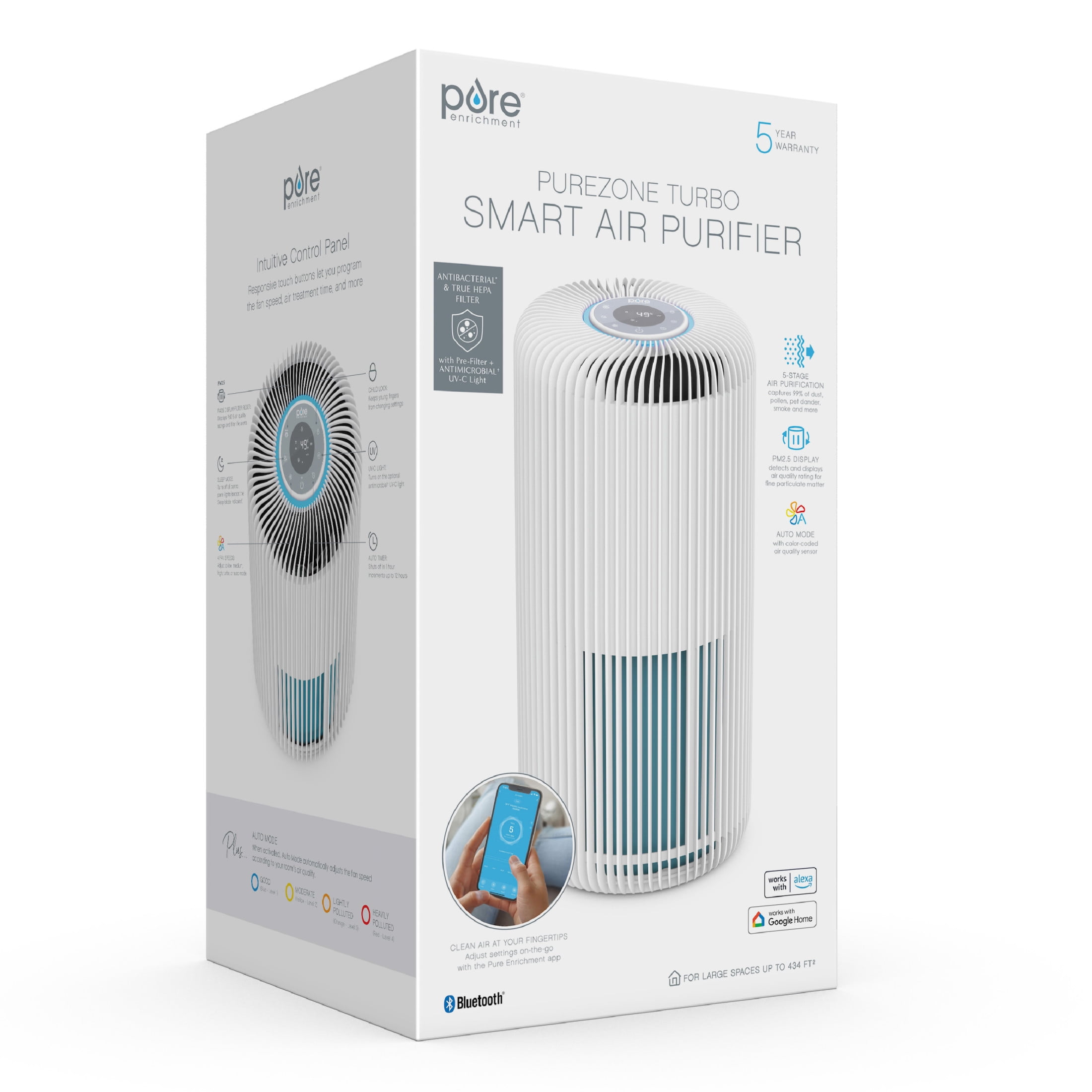 Pure Enrichment PureZone Turbo Smart Air Purifier - 5 Stage Filtration, Smartphone Compatible, Auto Mode & Air Quality Indicator Light - Ideal for Large Rooms