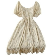 YM YOUMU Women Girls Puff Sleeve Lace Floral Embroidery Mesh Dress for Casual Wedding Cocktail Party