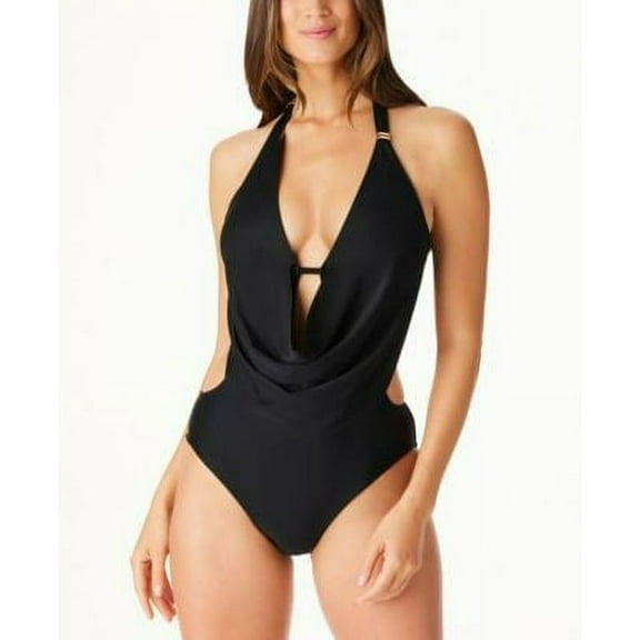 Bar III BLACK Solid Cowlneck One-Piece Swimsuit, US X-Small