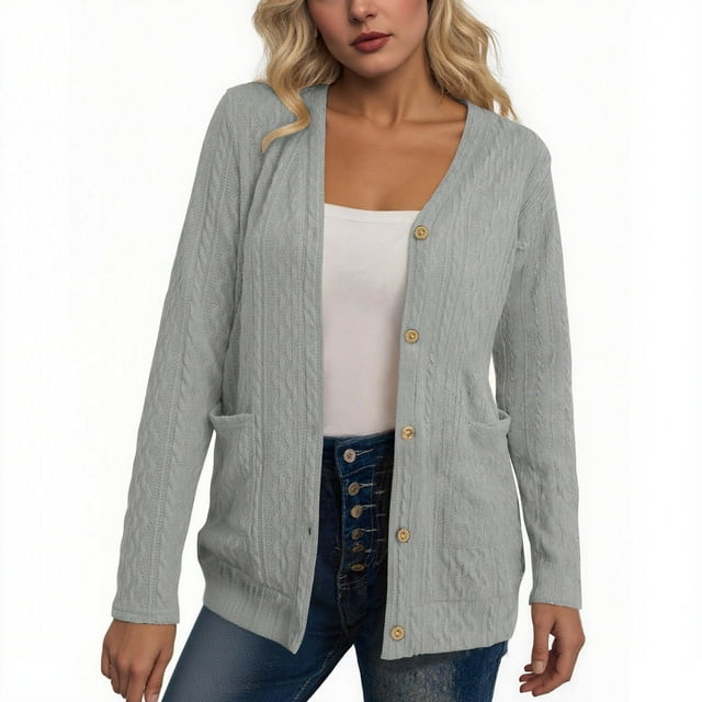 HAiming Womens Knit Cardigan Long Sleeve Button down V Neck Solid Color Lightweight Sweaters with Pockets