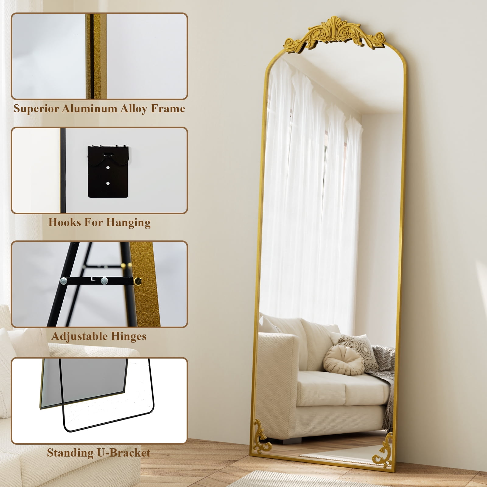 AUROMIR 64"x 21" Arched Floor Mirror Full Length Mirror Baroque Vintage Mirror with Carved Frame, Gold
