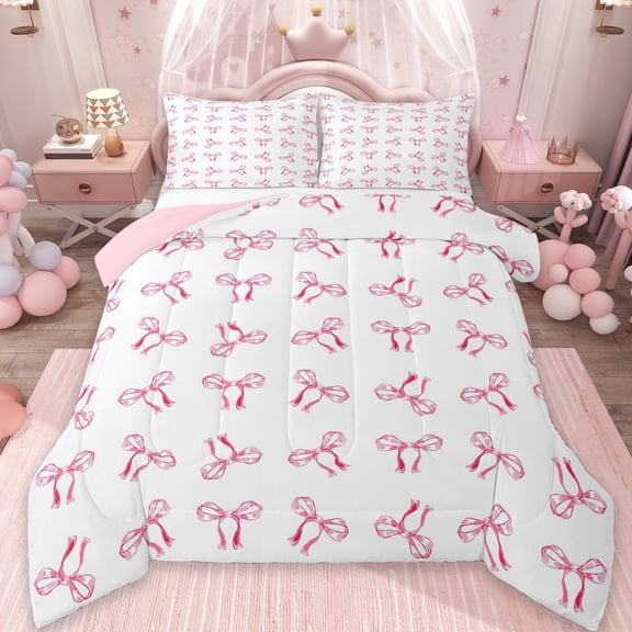 jejeloiu Ribbon Bow Knot Twin Comforter Sets,Pink Cartoon Bowtie Bedding Set For Girls Reversible 2-Piece